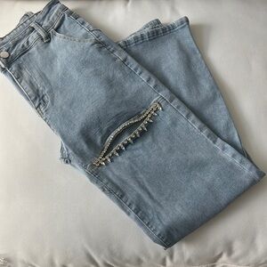 Stylish Light Blue Jeans with Rhinestone Detail